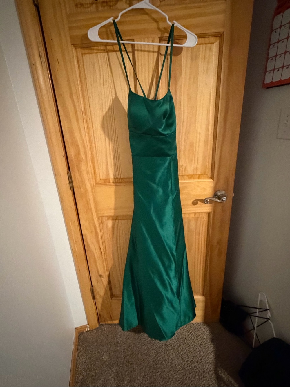 Green Satin Spaghetti-Strap Evening Dress